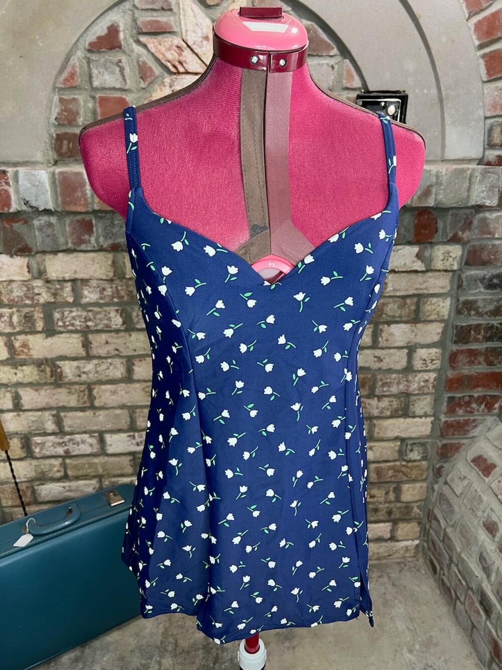 one piece swimsuit swimdress Vintage floral blue white green